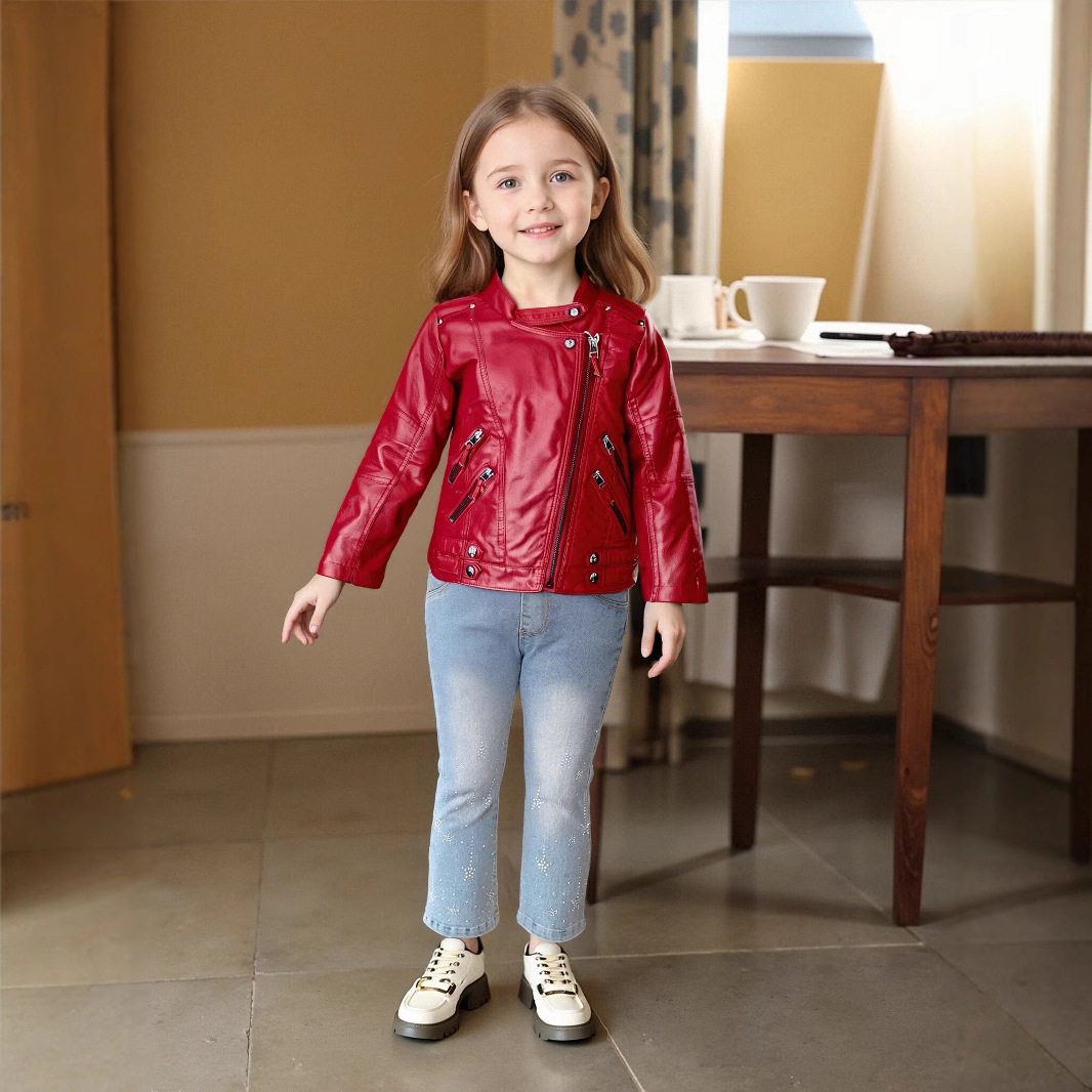 Streetwear Brands - ティーンキッズストリート写真撮影着用 2-12Y 女の子クリスマスピンクレッドオートバイ Pu レザージャケット子供防水防風コート