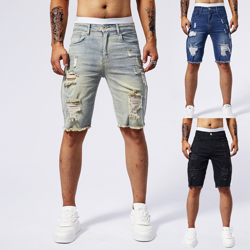 Streetwear Brand Marketing - 2025 夏の新メンズリッピングデニムショーツファッションヴィンテージ穴ストリートストレッチスリム膝丈ショートパンツトレンディなブランド男性