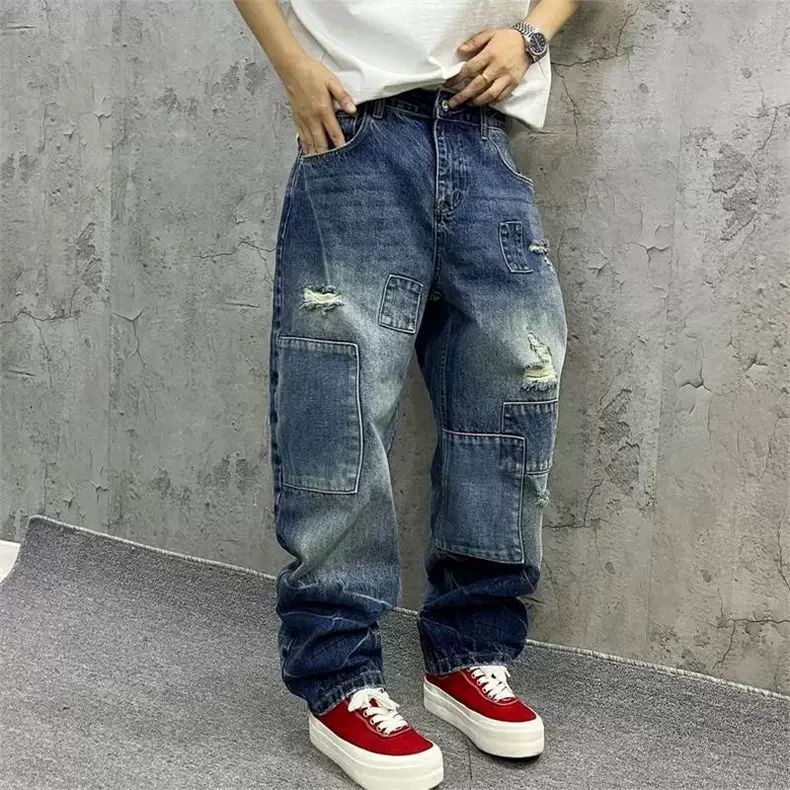 Streetwear Brand Jeans - ブランドスプライシングジーンズ 秋ファッション ルーズストレート ハーレムパンツ ウォッシュド ツーリング