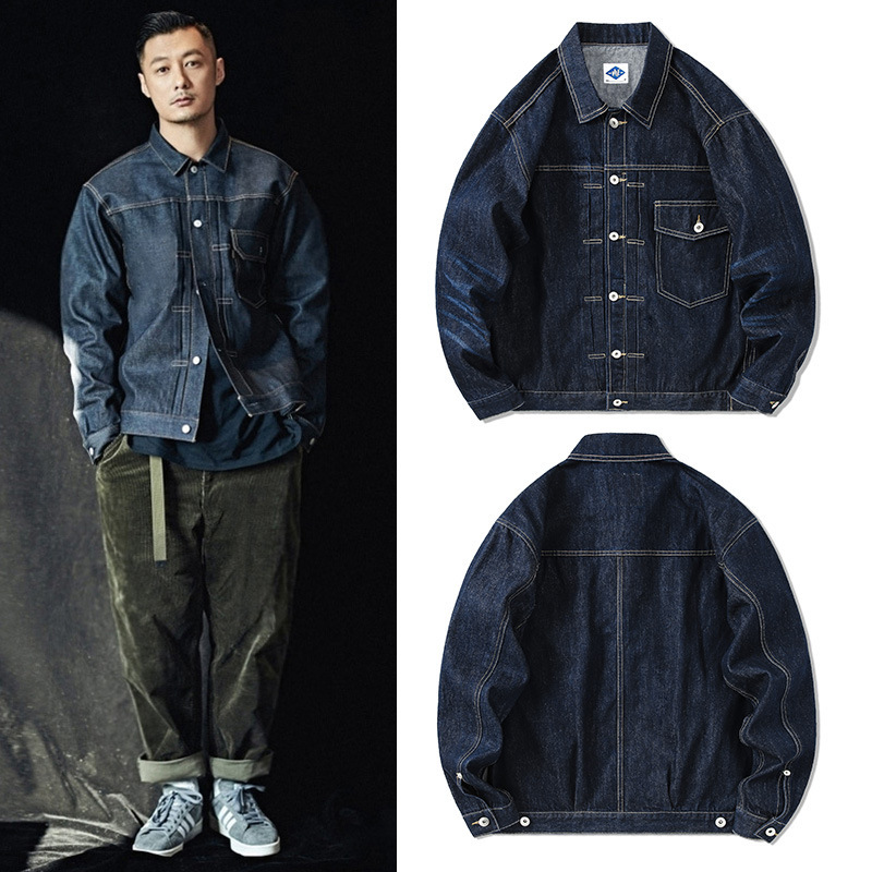 Streetwear Brand Jeans - 男性用ダークブルーのデニムジャケット,レトロカジュアルジーンズ,アメリカのカーゴコート,胸ポケット,ラペルストリートウェア,パンク,シンプル