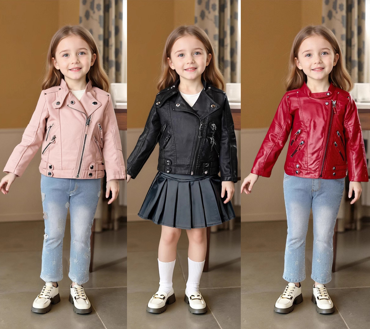 Streetwear Brand Red Logo - 2-12Y 女の子クリスマスピンクレッドオートバイ Pu レザージャケット子供防水防風コートティーンキッズストリート写真撮影着用