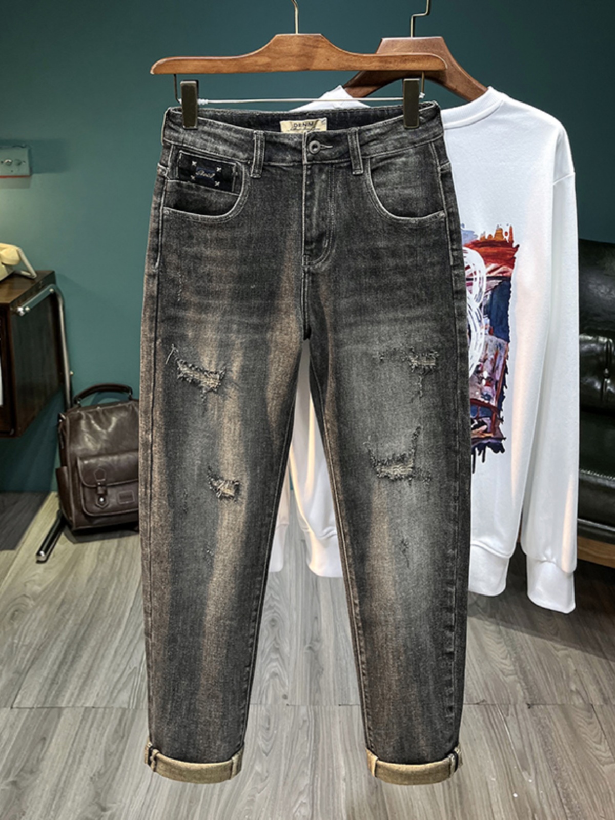 Streetwear Brand Jeans - アメリカンハイストリートメンズリップドデニムジーンズカジュアルルーズダッドパンツハーランロングパンツ秋トレンドブランド耐摩耗性