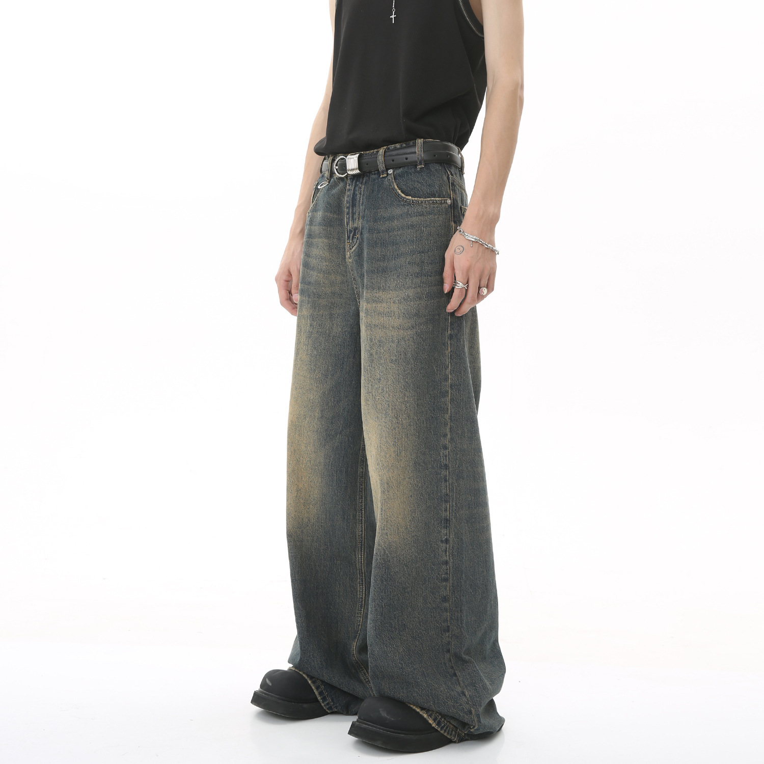 新しいメンズバギーストレートレッグワイドレッグジーンズ男性フ - Streetwear Brand Jeans のレビューと価格