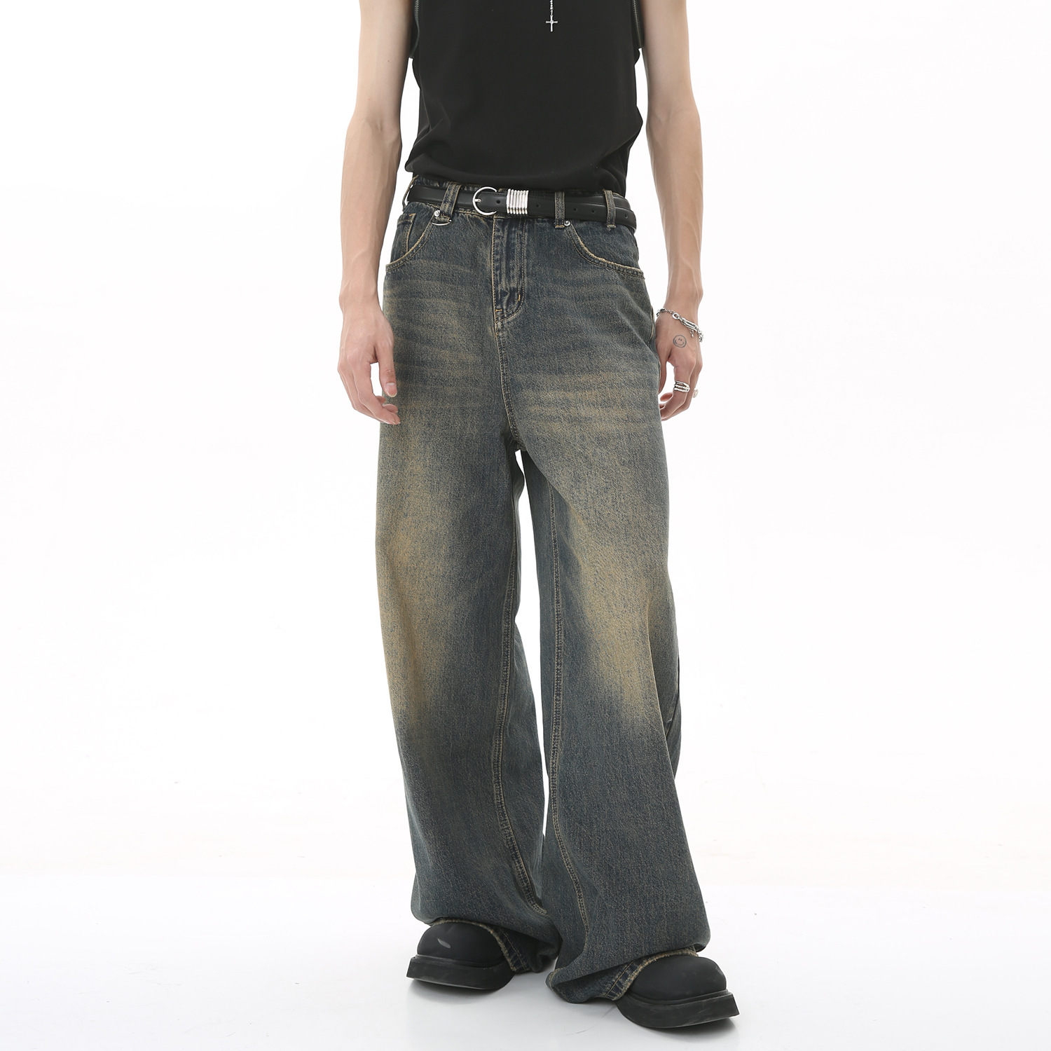新しいメンズバギーストレートレッグワイドレッグジーンズ男性フ - Streetwear Brand Jeans のレビューと価格